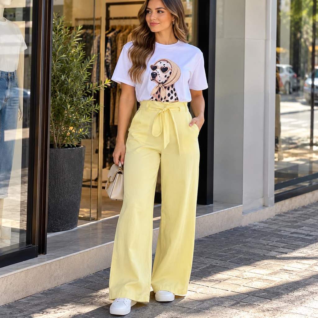 CALÇA PANTALONA FEMININA CINTURA ALTA COM BOLSOS CORDÃO DE AMARRAR TECIDO LEVE SENSORIAL CONFORTÁVEL SOCIAL CASUAL ELEGA