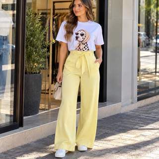CALÇA PANTALONA FEMININA CINTURA ALTA COM BOLSOS CORDÃO DE AMARRAR TECIDO LEVE SENSORIAL CONFORTÁVEL SOCIAL CASUAL ELEGA