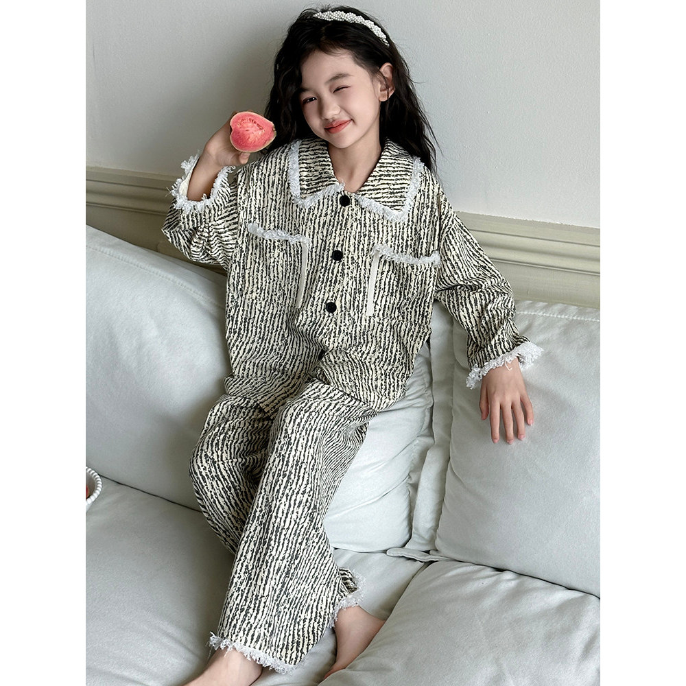 Meninas pijamas de manga comprida estilo ocidental primavera outono estilo 2024 novo estilo outono puro algodão crianças