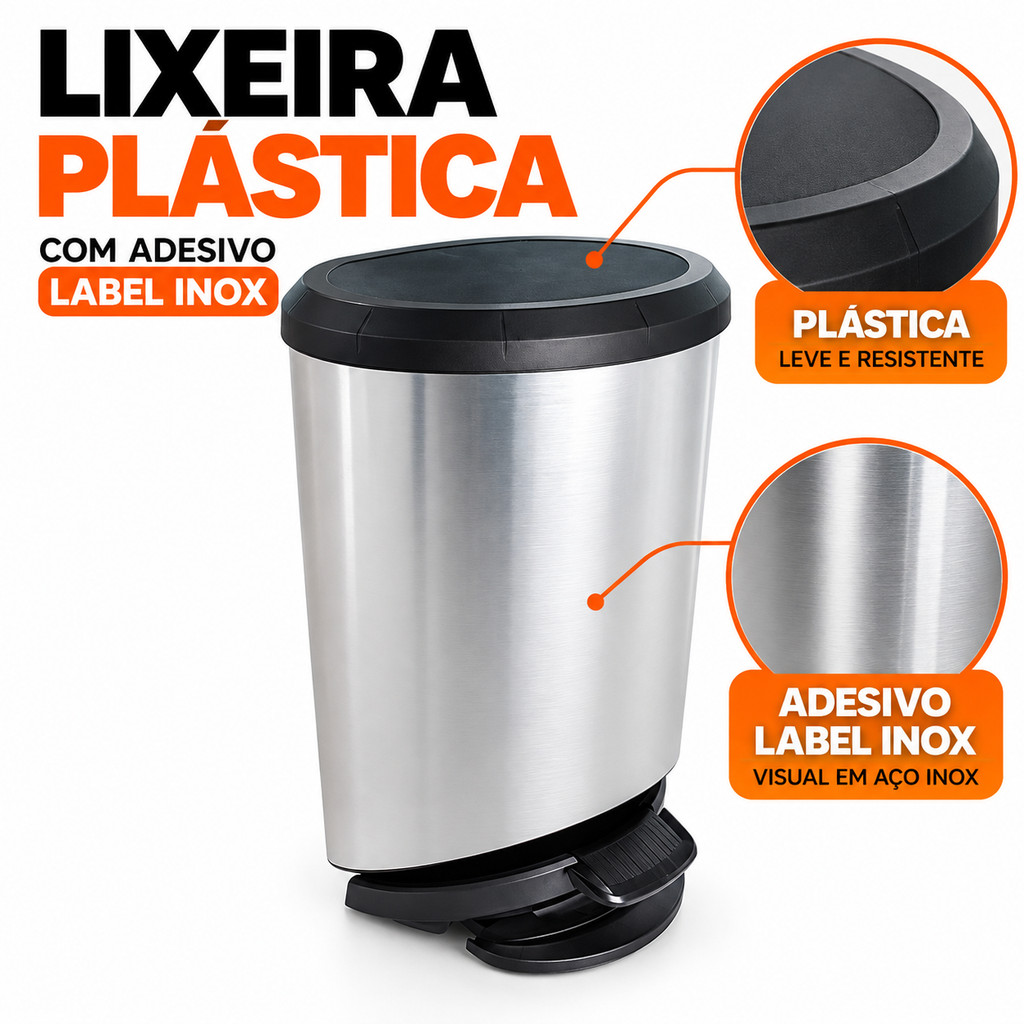 Lixeira com Pedal 20 Litros Label Inox com Tampa para Banheiro Cozinha Escritório — imagem 2 de 2