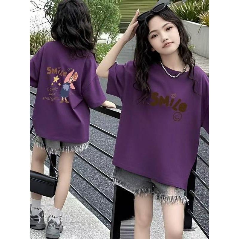 Versão coreana puro algodão moda menina manga curta camiseta verão novo estilo médio grande crianças moda dos desenhos a