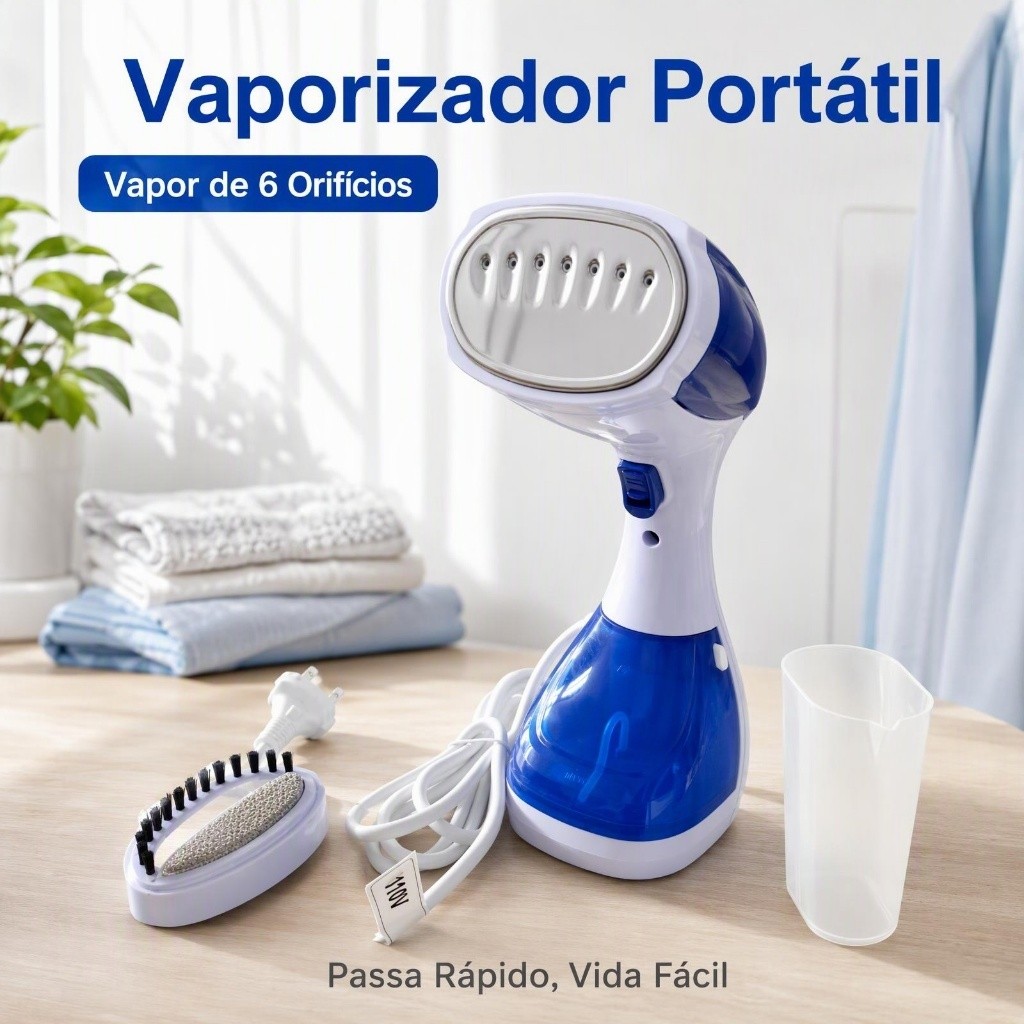 Ferro de Vapor Portátil Manual Azul e Branco para Passar Roupas 110V