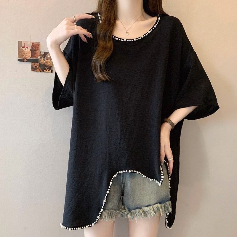Tamanho grande High-End indústria pesada frisado Irregular manga curta camiseta feminina verão gordura mm solto mais mag