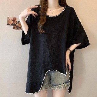 Tamanho grande High-End indústria pesada frisado Irregular manga curta camiseta feminina verão gordura mm solto mais mag