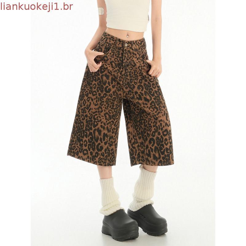 Calça Jeans recortada com estampa de leopardo americana feminina cintura alta solta reta calça larga masculina