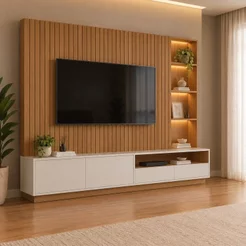 Estante Ripado para TV até 82 Polegadas com LED 240CMX198,2cm Tvs Cancun Marrom Freijó/Off White