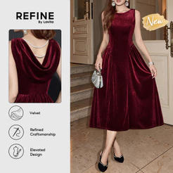 (New Arrival) (Refine by Lovito) Vestido Feminino Longo De Veludo Bordô Evasê Plissado Sem Costas E Com Pérolas Formal Casual Para O Fim De Semana E Para Sair À Noite No Natal DRR45P1D040