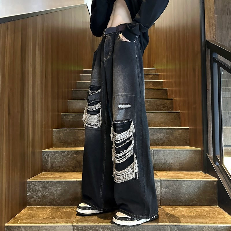 Americano Retro rasgado Jeans masculino outono design sentido rufião bonito frito rua em linha reta solto design sentido