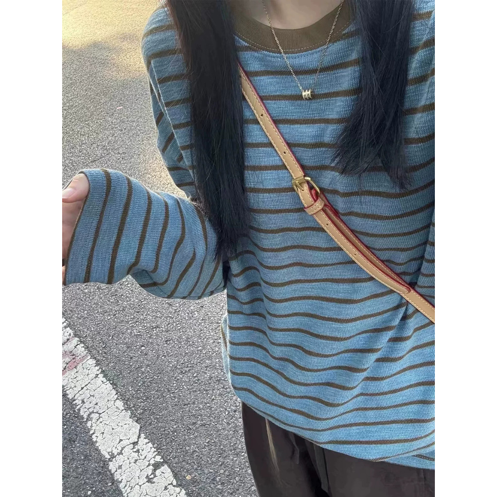Coreano Retro contraste cor listrado de manga comprida camiseta feminina outono novo estilo preguiçoso solto mais magro 