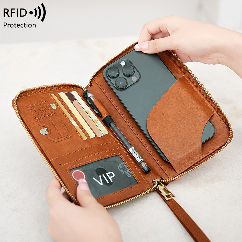 Porta Passaporte Longo RFID Bolsa Para Documentos De Armazenamento Multifuncional Com Zíper Viagem