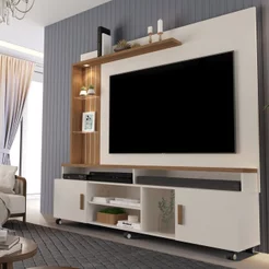 Estante Ripado para TV até 65 Polegadas com LED 180CMX187CM e Rodízios Ocean Bege Off White/Canela