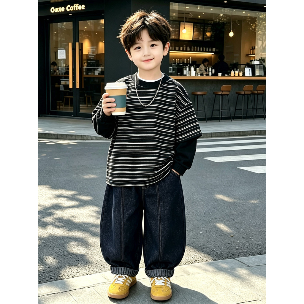 Meninos listrado camiseta conjunto crianças estilo coreano moletom Jeans conjunto de duas peças 2026 novo estilo menino 