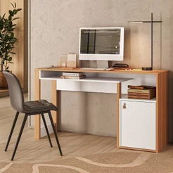 Escrivaninha Mesa Escritório Versa Home 1 Porta 140cm Branco e Freijó