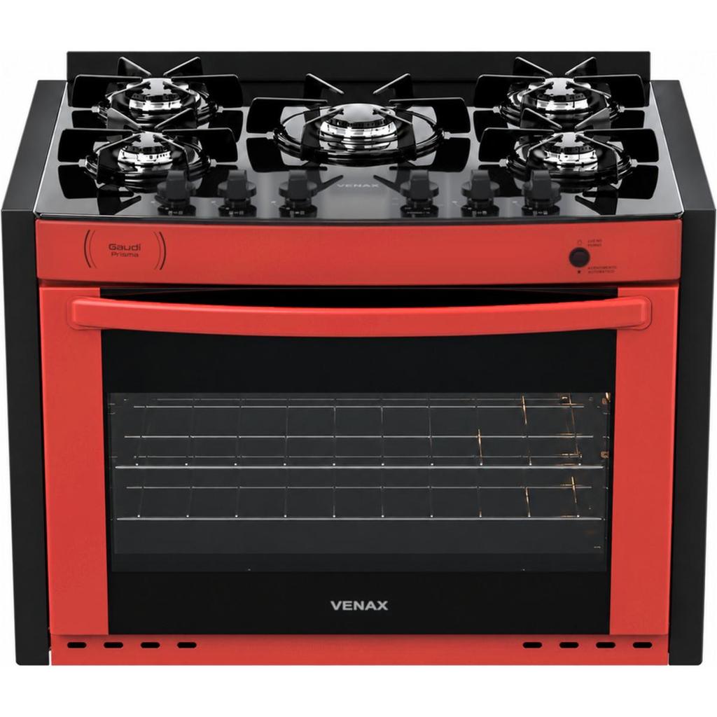 Fogao de embutir 5 Bocas Venax Gaudi Prisma Vitreo Bl Vermelho Gas Glp