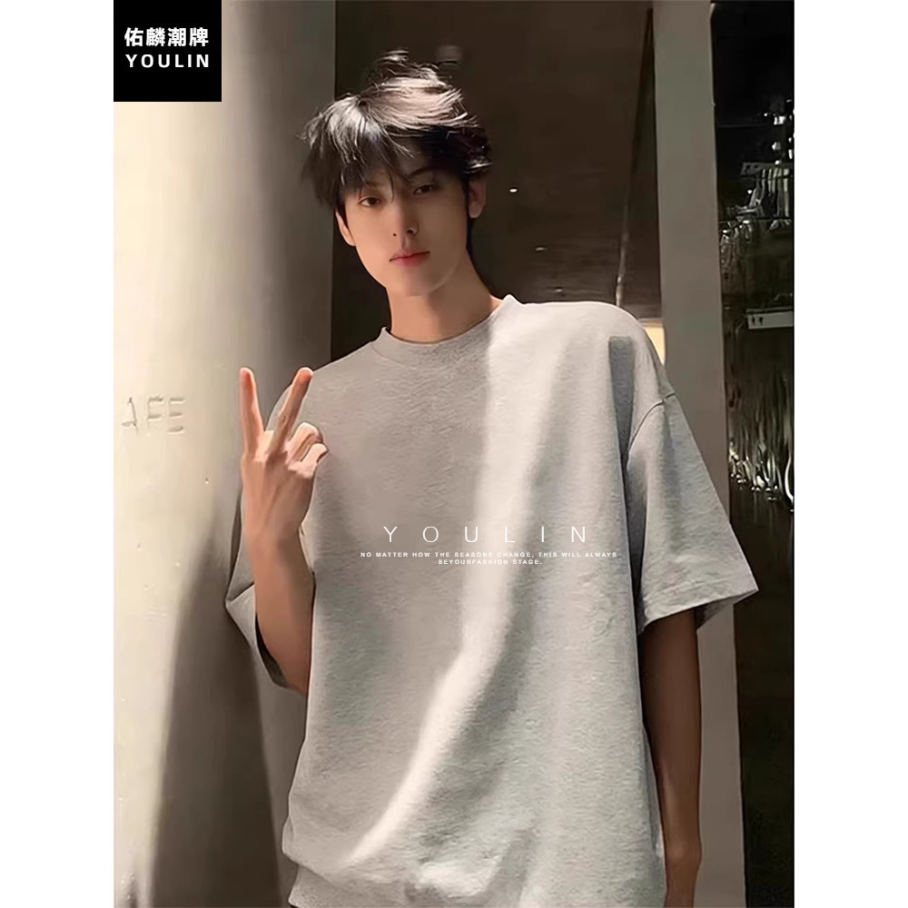 Cinza claro americano pequeno decote de manga curta masculino verão pesado genuíno ombro camiseta cleanfit puro algodão 