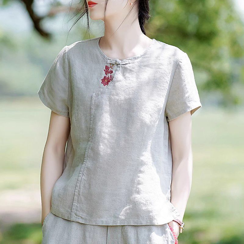 Algodão linho estilo chinês estilo chinês camiseta Retro feminino verão 2026 novo estilo solto Casual topo curto de mang
