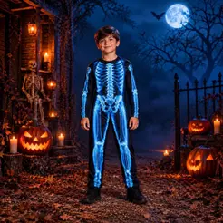 Fantasia Caveira Infantil Longa Com Gorro Esqueleto Raio-x de Halloween