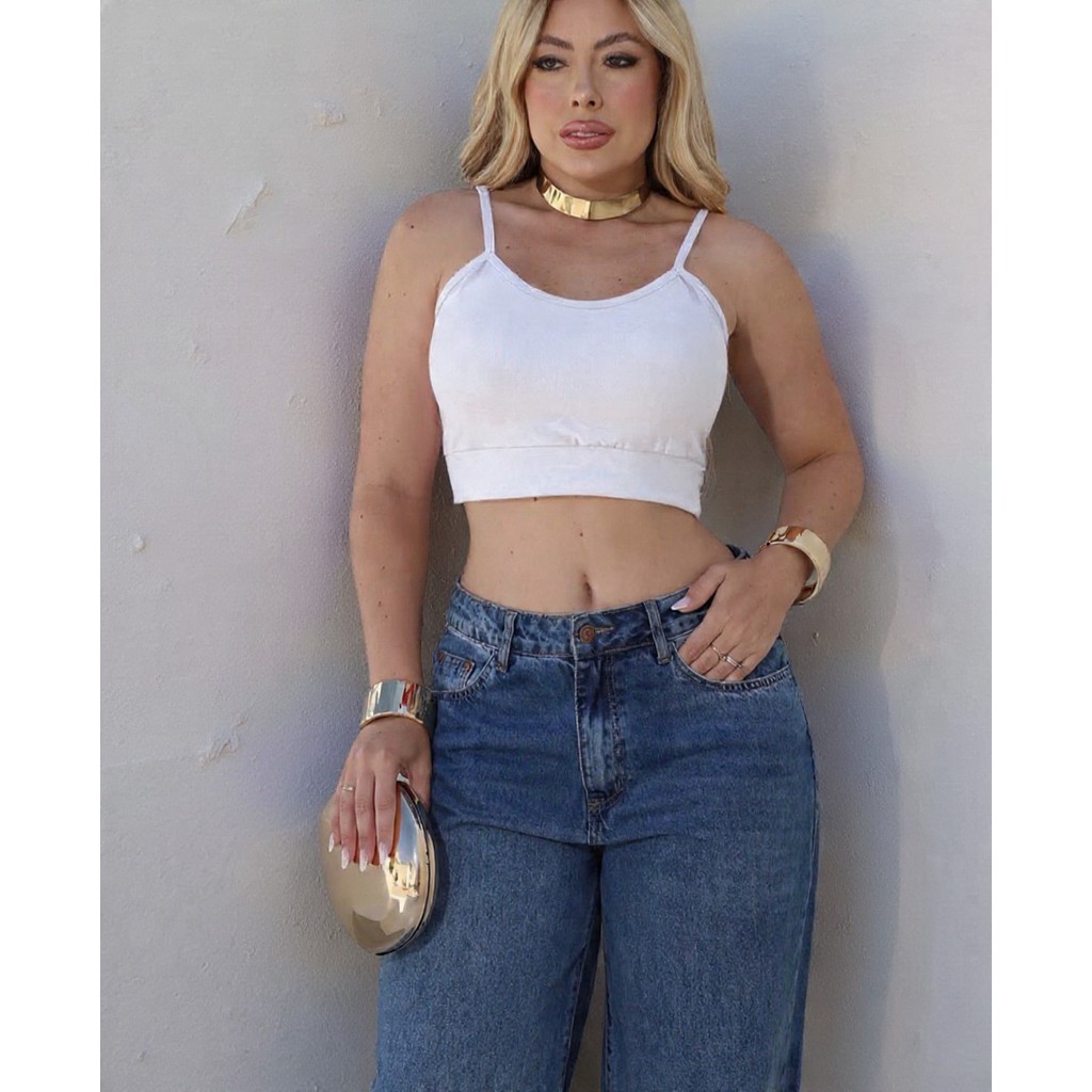 Blusa cropped feminino canelado alça fina regata blog elegante
