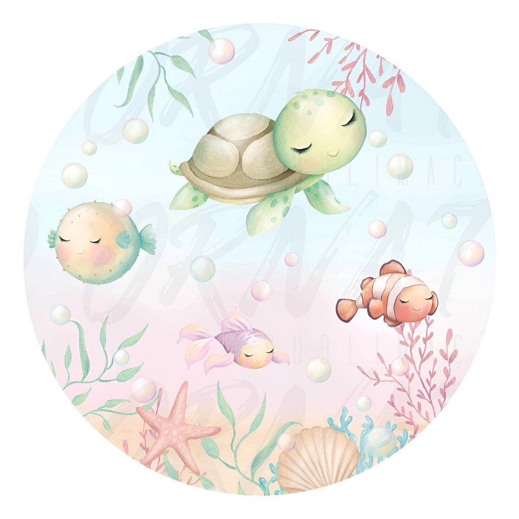 Decoração Painel Redondo Mini Capas Festa Infantil Fundo do Mar Tema Aquarela Pastéis Alegre