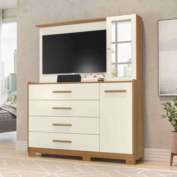 Cômoda com Painel TV 43" 4 Gavetas 2 Portas e Espelho Dunas Espresso Móveis Cinamomo/Off White em Oferta na Shopee