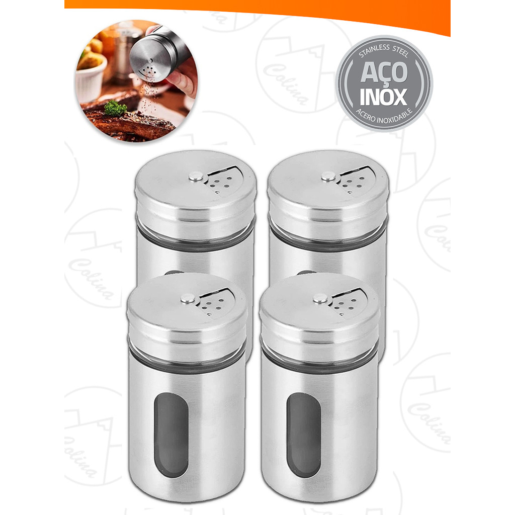 Porta Condimentos Saleiro Pimenteiro Temperos Sal  Aço Inox Com Visor 120ml Distribuidora Utilidades