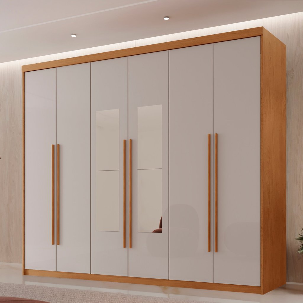 Guarda Roupa Casal 6 Portas 2 Gavetas com Espelho MDF Veracruz Naturalle/Off White em Oferta na Shopee