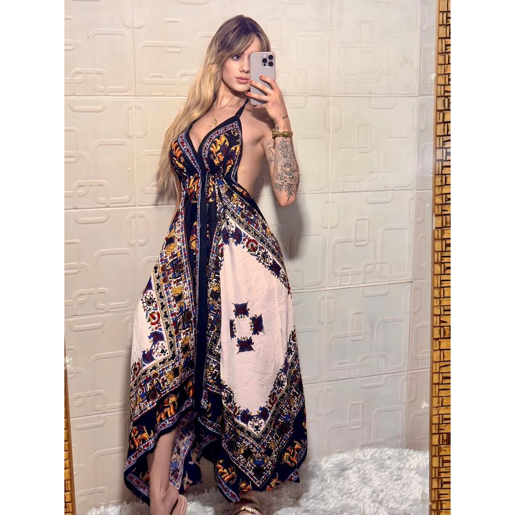Vestido Longo Indiano Estampado – Elegância e Estilo Boho BORDADO em Oferta na Shopee