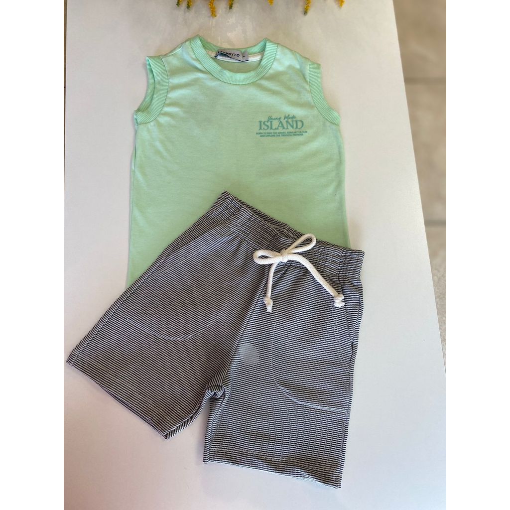 CONJUNTO MASCULINO INFANTIL CAMISETA REGATA E BERMUDA LISTRADA
