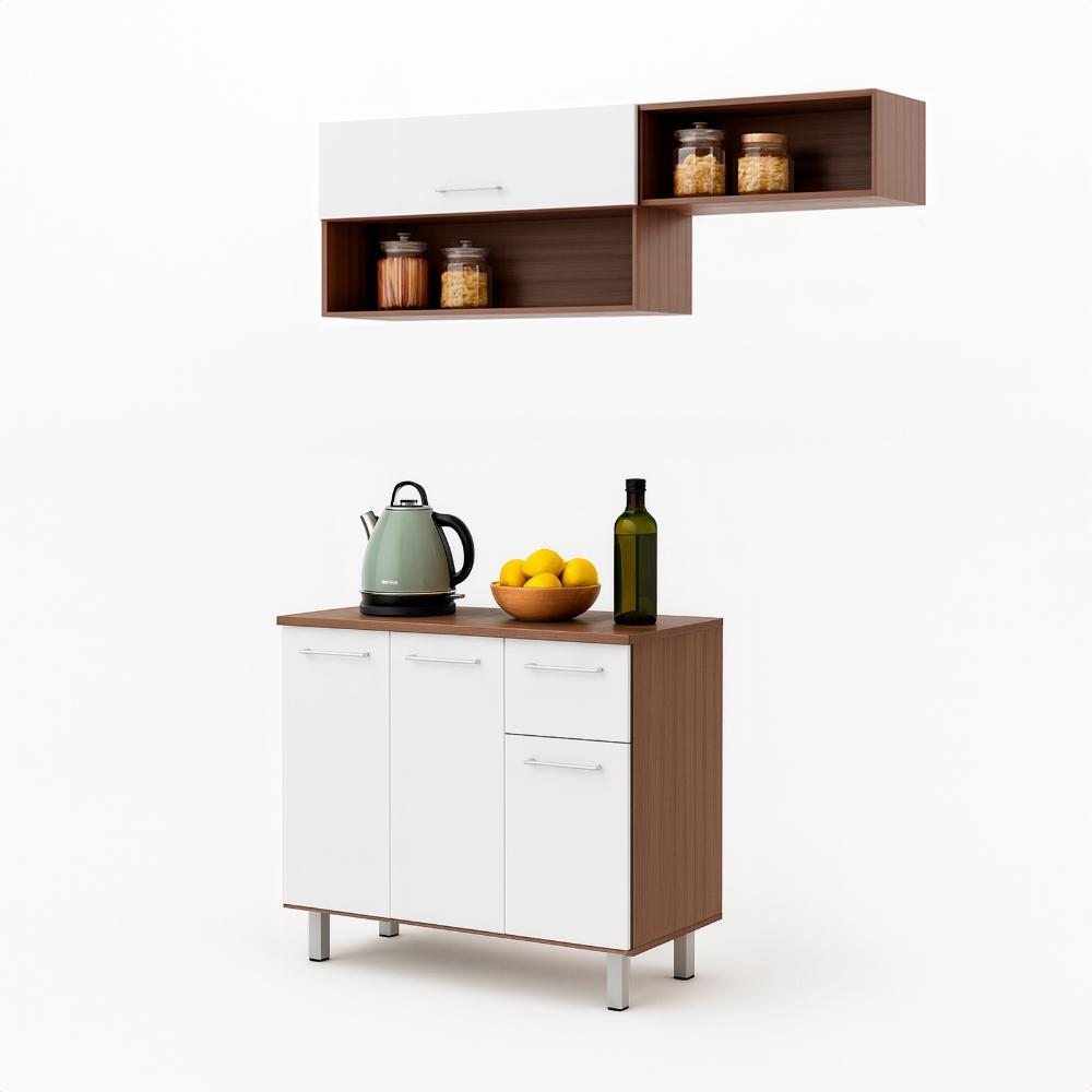 Armário de Cozinha Compacta 150cm com Armário e Balcão 4 Portas 1 Gaveta BCO05 Lâmina Mel/Branco