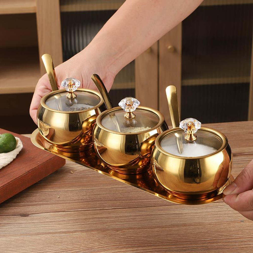 Kit3 Potes Açúcar Condimentos Com Bandeija Aço Inox 304 Esférico Cozinha Luxuoso Moderno Organizador em Oferta na Shopee