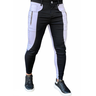 Calça Branca E Preta Bicolor Skinny Masculina Detalhe Barra Streetwear Super Skinny Codi
