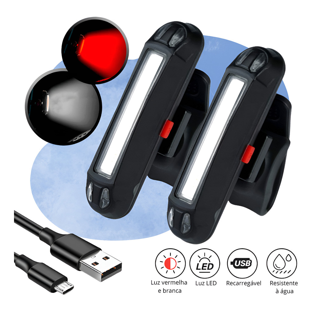 Kit 2 Lanterna Bike Sinalizador Traseiro Led Branco Vermelho Recarregável Farol Bicicleta Preto
