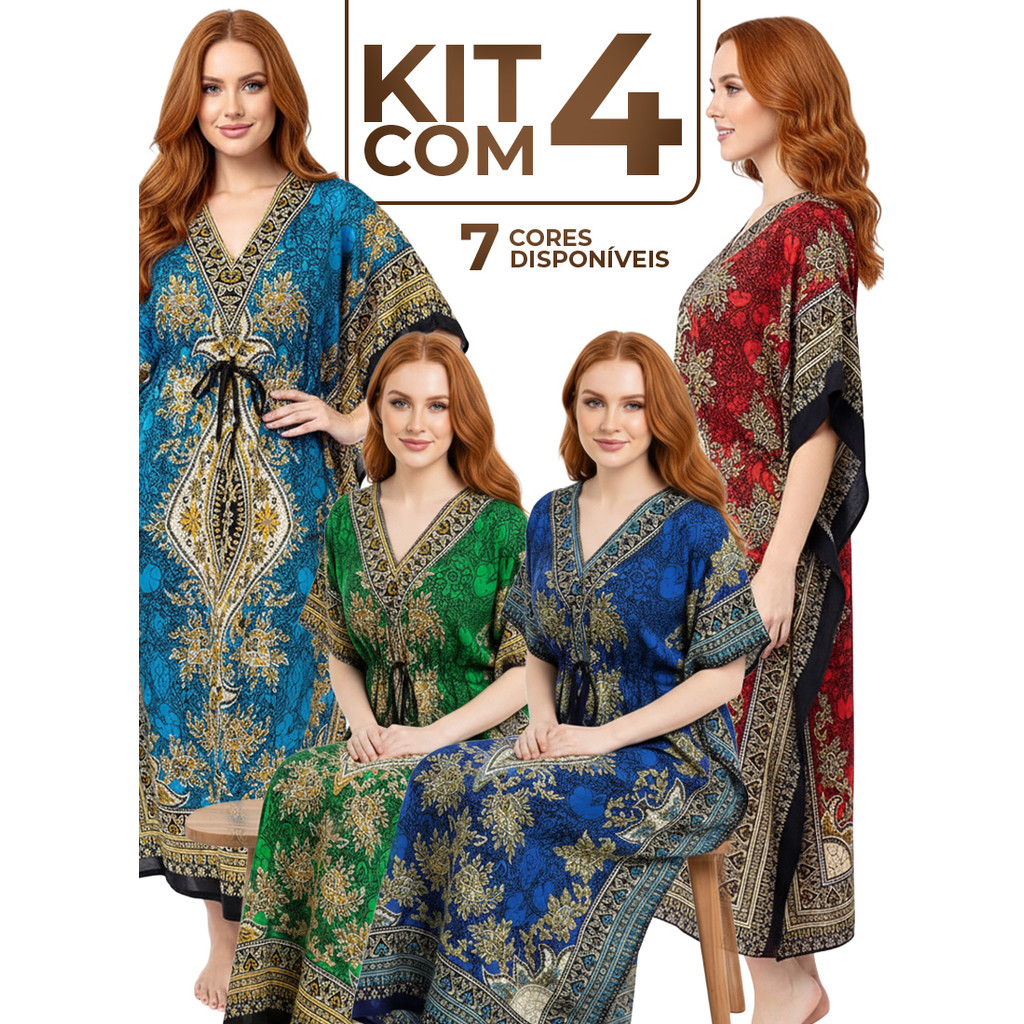 Kit 4 Kaftans longa Indianas Femininas – Saída de Praia Leve e Fresca, Tecido Poliéster Amplo, Verão 2025