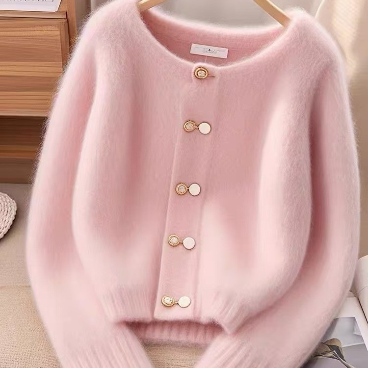 Cardigan de malha de manga comprida rosa outono Wear High-End sentimento leite fufu preguiçoso único bonito camisola cur
