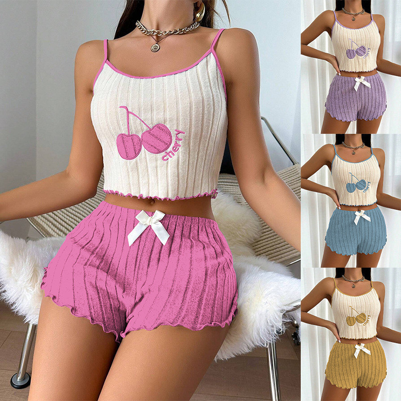 Pijamas femininos bordados de estilo europeu e americano, mais vendidos, conjunto de camisola e shorts em algodão cardad