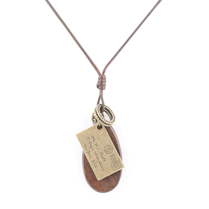 Envelope Bronze branco antigo pena pato língua textura chapéu de beisebol Retro madeira longo colar pingente camisola co
