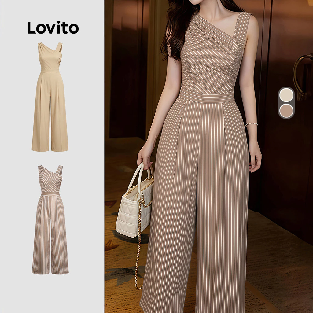 Lovito Elegante Macacão com Pregas Geométricas de Primavera/verão Cor Caqui para mulheres LK4ED772