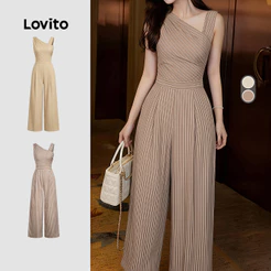 Lovito Elegante Macacão com Pregas Geométricas de Primavera/verão Cor Caqui para mulheres LK4ED772