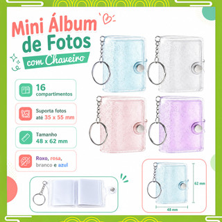 48 x 62 mm, Kit 10/15 Álbuns Mini com Chaveiro, 16 Compartimentos para Fotos, Ingressos, Selos e Pequenas Lembranças