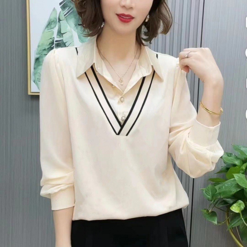 2025 moda primavera outono novo estilo de manga comprida fina camisa pequena gola falsa de duas peças mulheres idosas de
