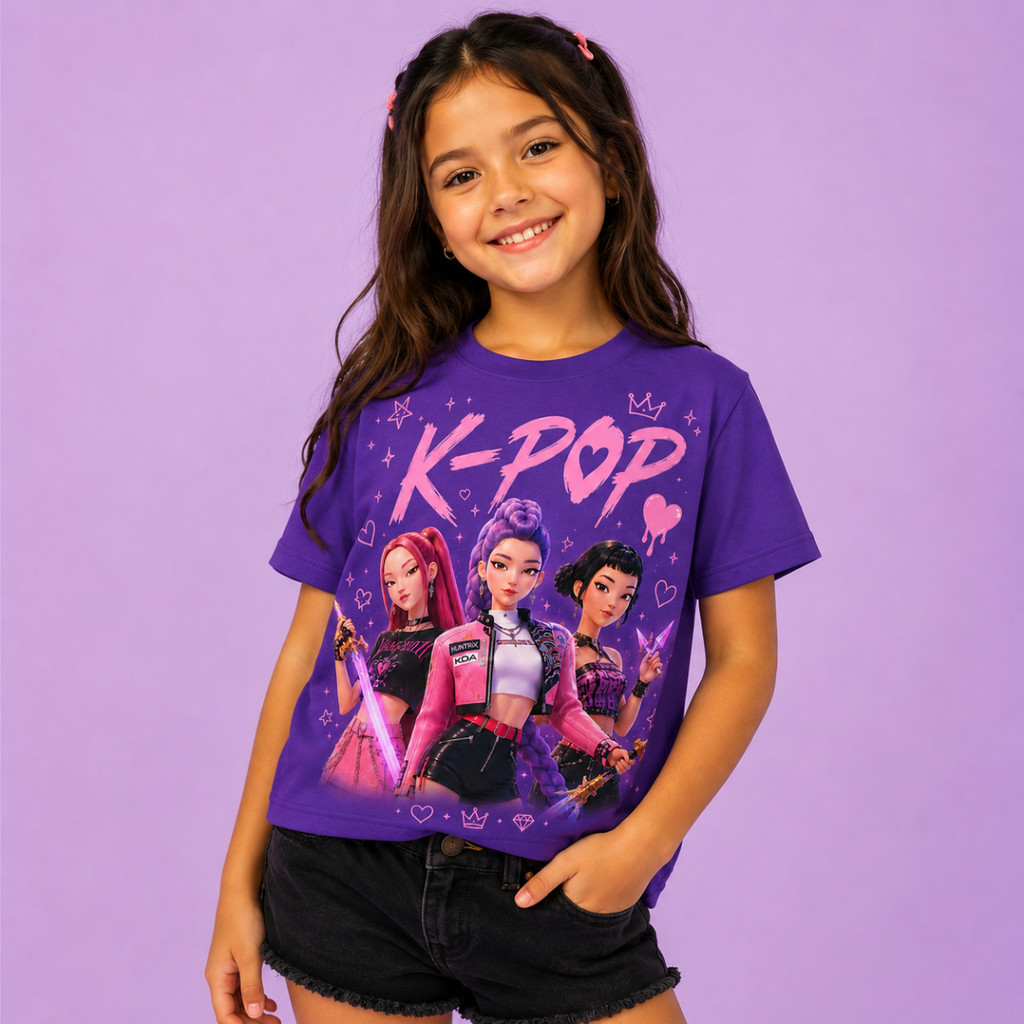 Camiseta Infantil Huntrix K-Pop Menina 100% Algodão Estampa Premium Moda Coreana Manga Curta Confortável