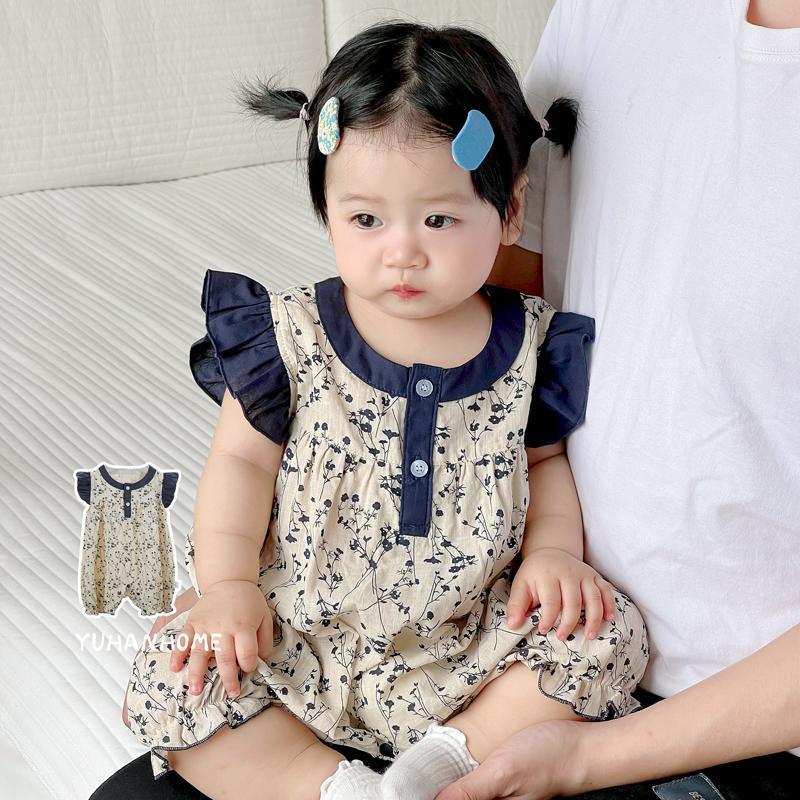 Bebê menina roupas de verão fino algodão linho estilo ocidental estilo coreano Floral macacão respirável exterior Wear r