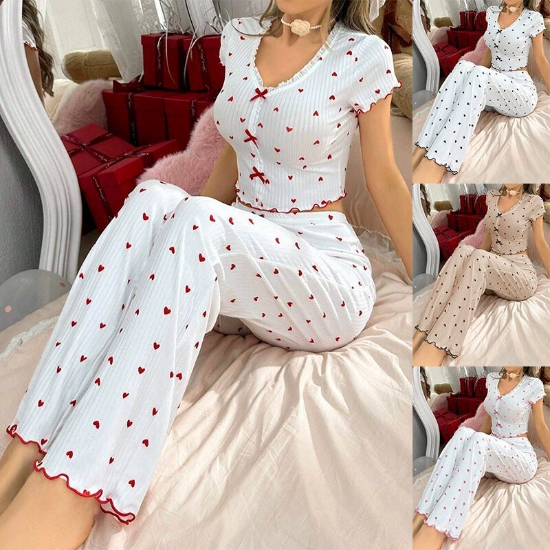 Roupa de casa mais vendida, pijama feminino de manga curta com decote em V e estampa de coração, pode ser usado fora de 