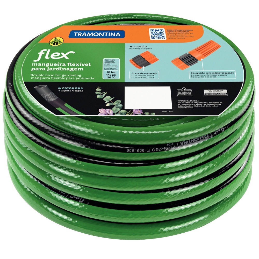 Mangueira para Jardim 1/2" com engates rosqueados e esguicho verde 10 m - Flex Tramontina