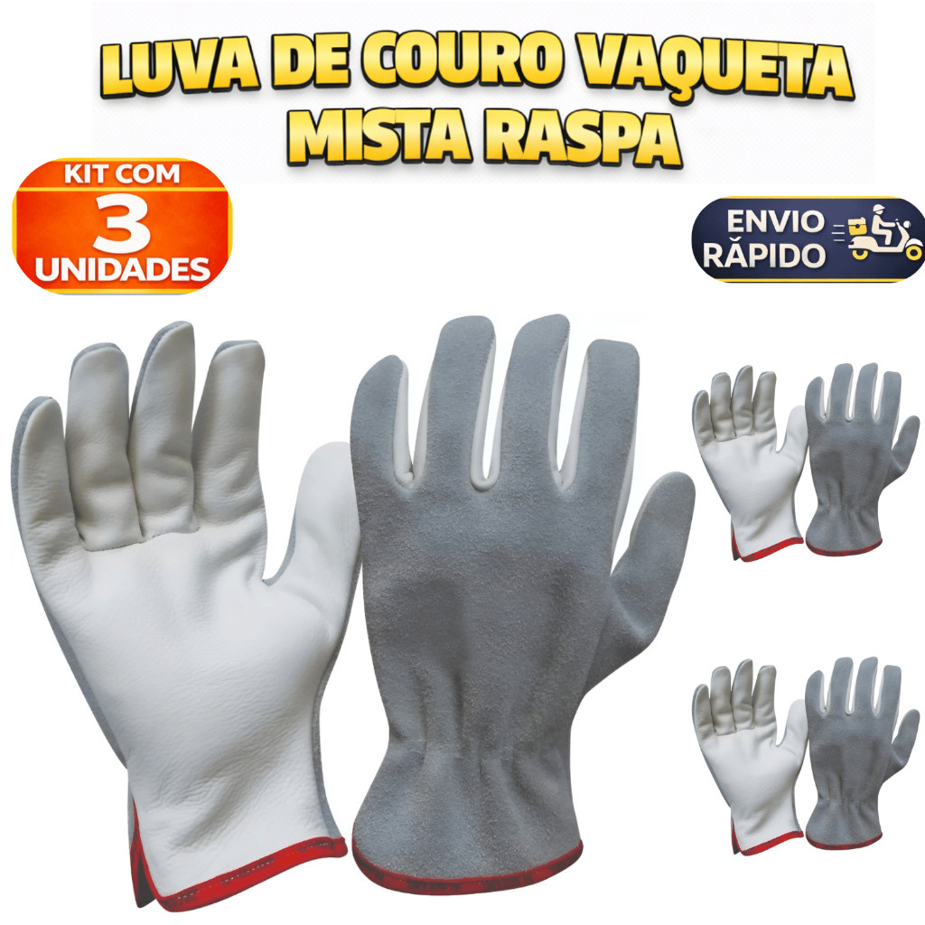 Kit 3 Luva Raspa Vaqueta Mista Petroleira Punho Curto Epi Proteção Segurança Industrial Construção