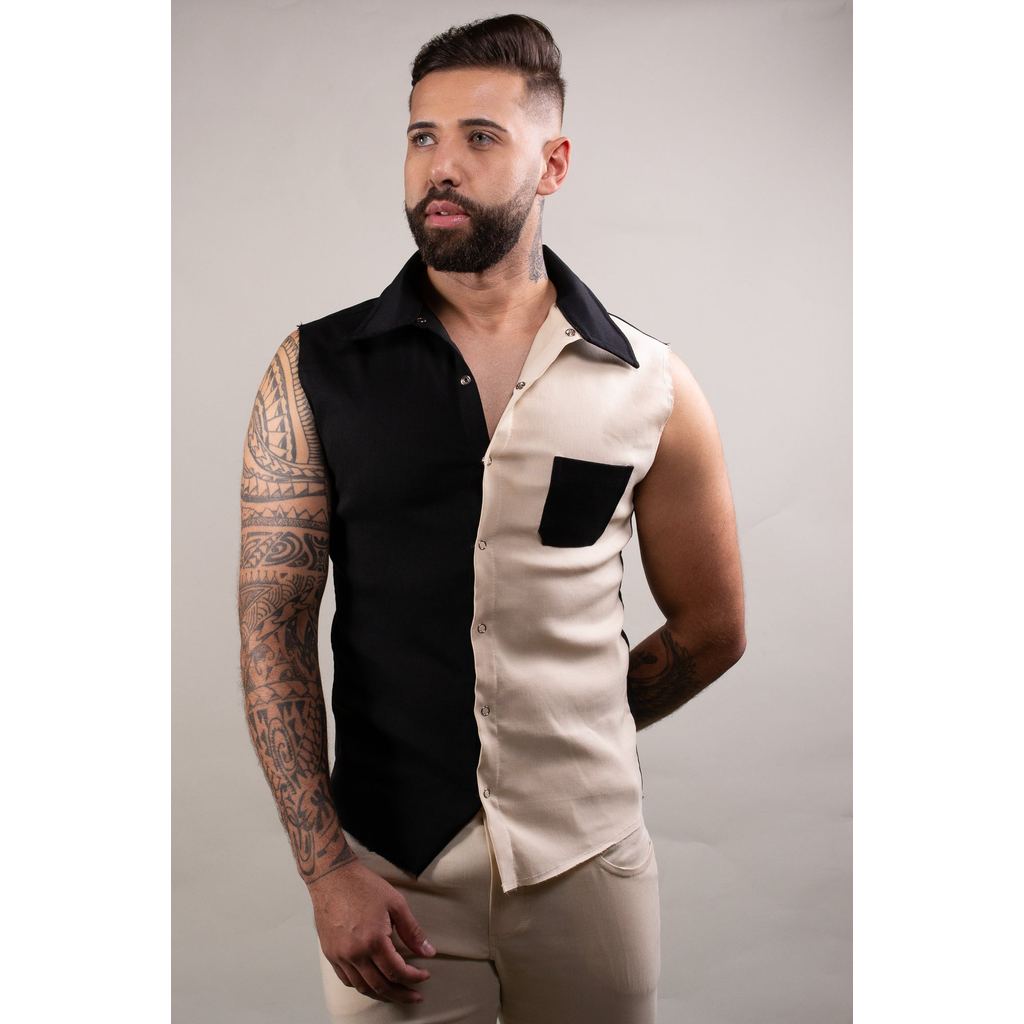 Camisa Masculina Modelo Machão Bengaline Metade Preto Bege Moda Masculina