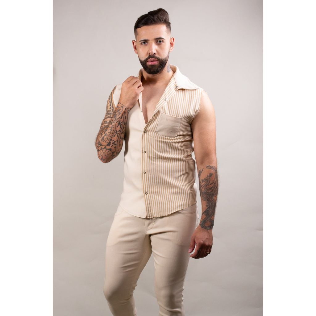 Camisa Masculina Modelo Machão Bengaline Bege Blusa Moda Masculina Casual
