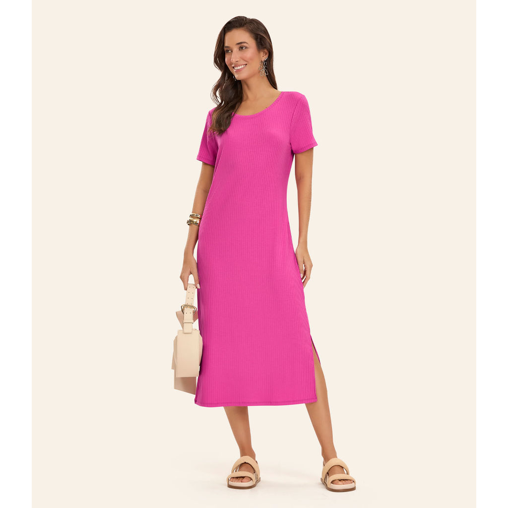 Vestido Midi Ribana Canelada Básico Rovitex Rosa