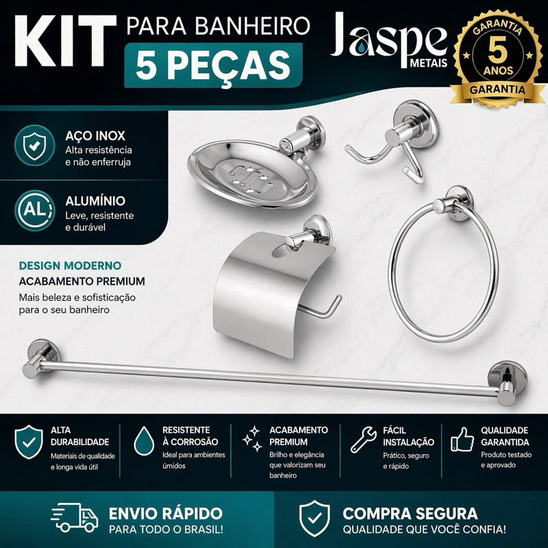 Kit Acessórios Banheiro 5 Peças Aço Inox – Papeleira, Saboneteira, Varão e Porta Toalha e Gancho