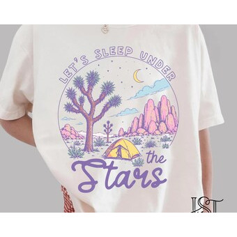 Camiseta Feminina Estampa Paisagem Noturna com Cacto Tenda e Estrelas Linda Confortável Estilosa Moda Feminina Casual